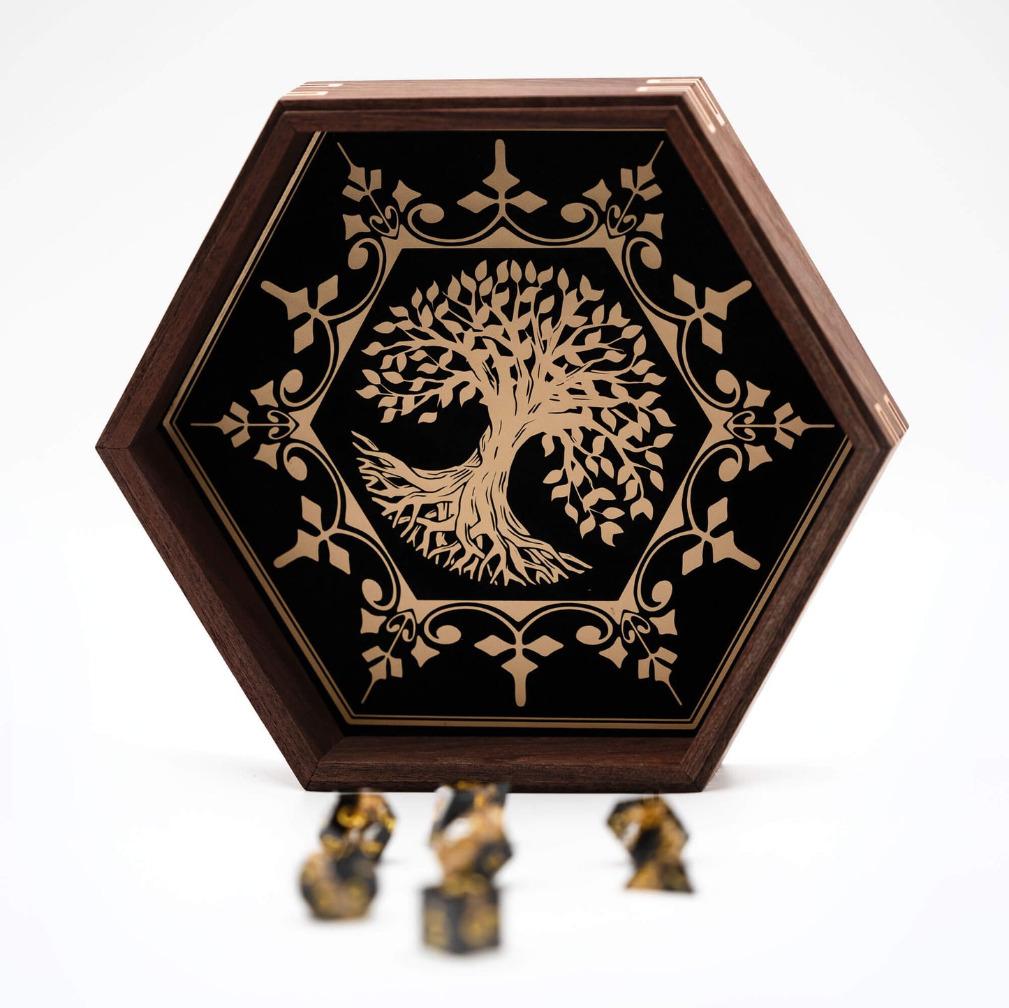 Customizable Regular Dice Tray from BlackBear Workshops - Walnut - Lifetree - Black Velvet - Gold Vinyl