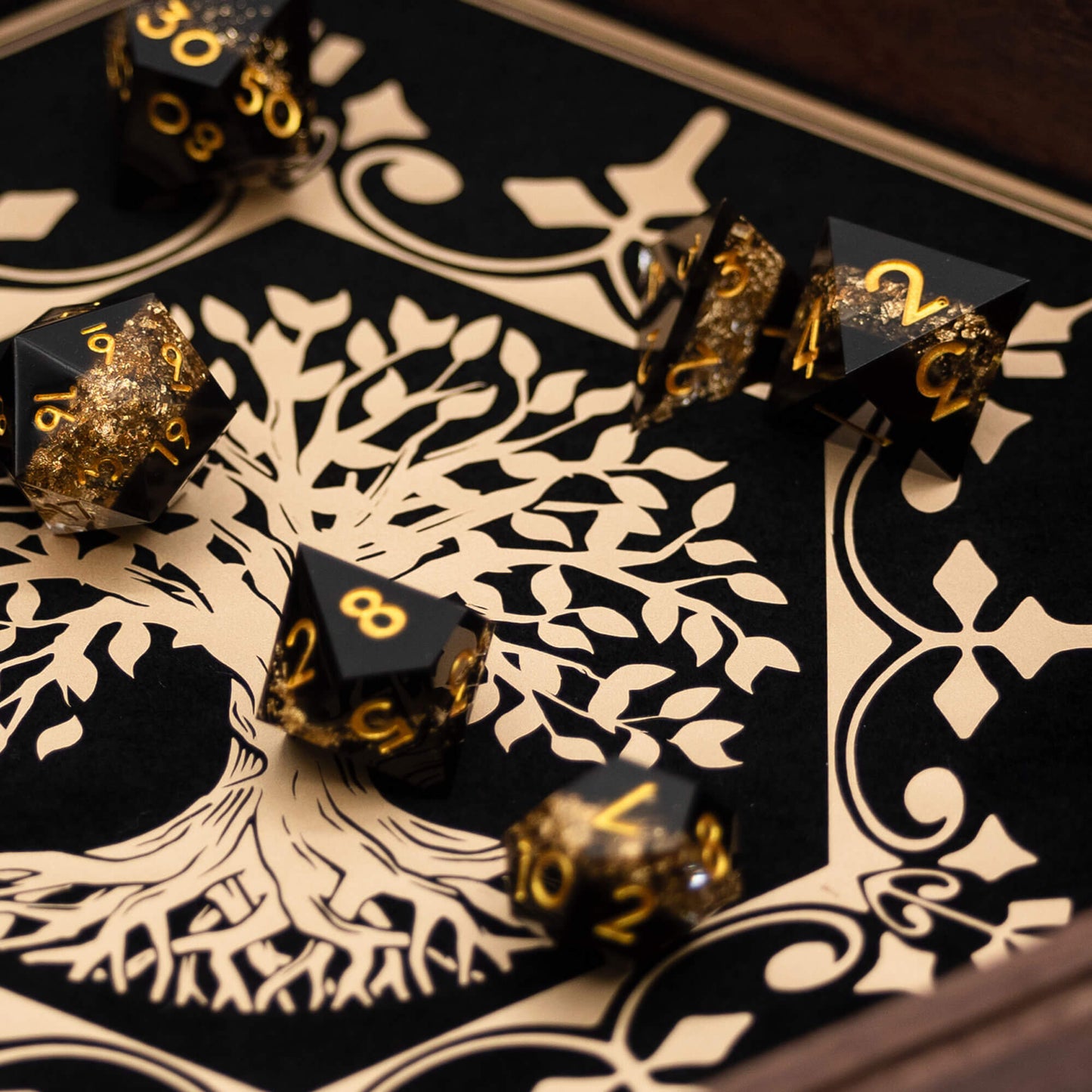 Customizable Regular Dice Tray from BlackBear Workshops - Walnut - Lifetree - Black Velvet - Gold Vinyl
