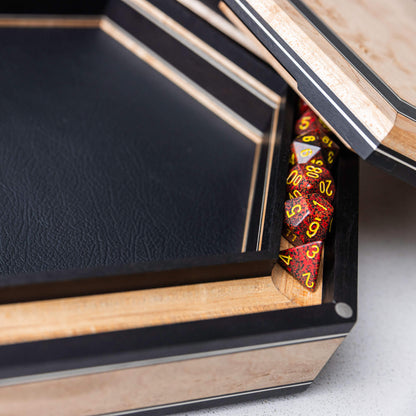 Customizable Gen4 Dice Box from BlackBear Workshops - African Blackwood - Birds Eye Maple - Black Leather