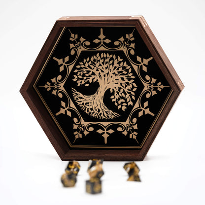 Customizable Regular Dice Tray from BlackBear Workshops - Walnut - Lifetree - Black Velvet  - Gold Vinyl