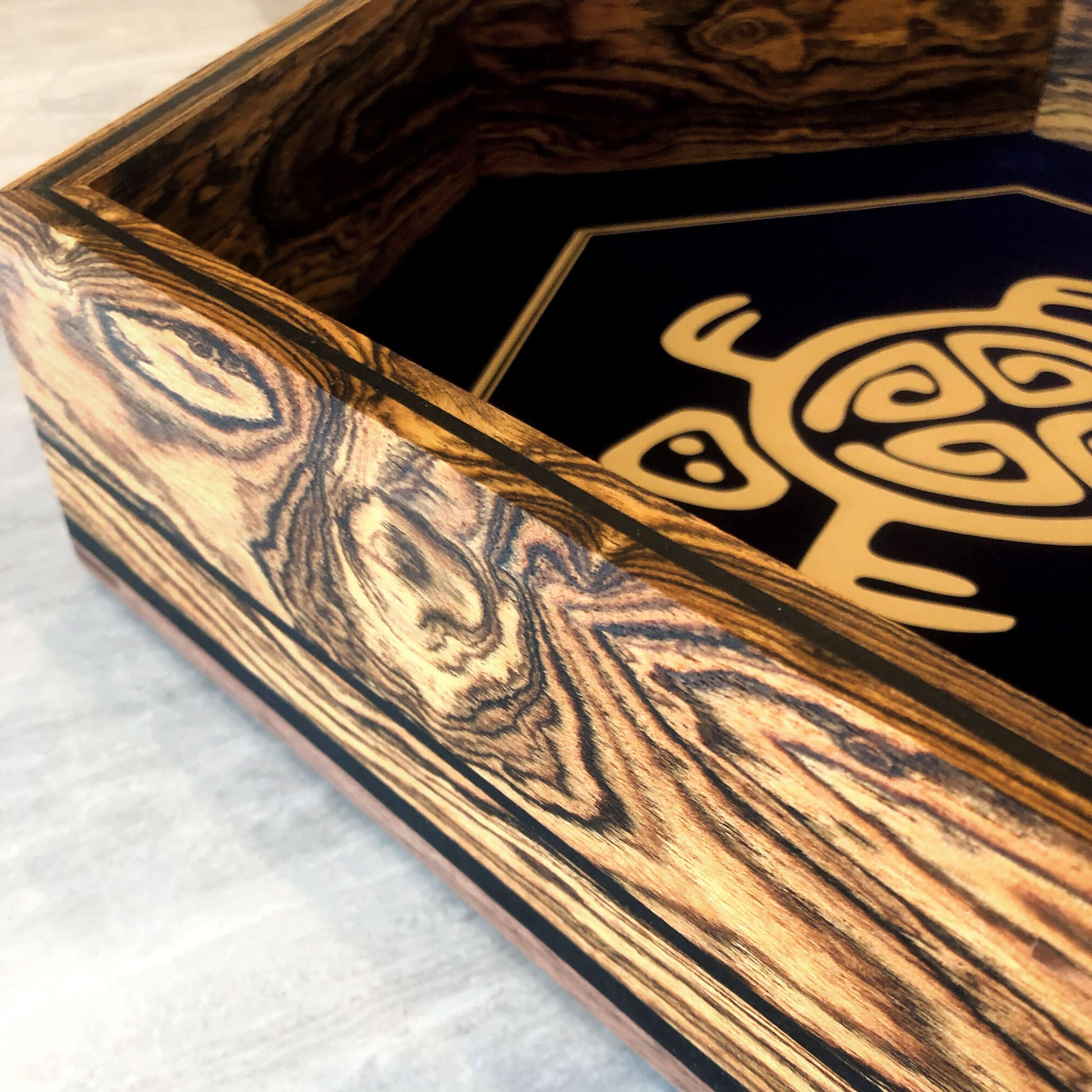 Customizable Regular Dice Tray from BlackBear Workshops - Spalted Maple - Turtle - Navy Velvet - Gold Vinyl