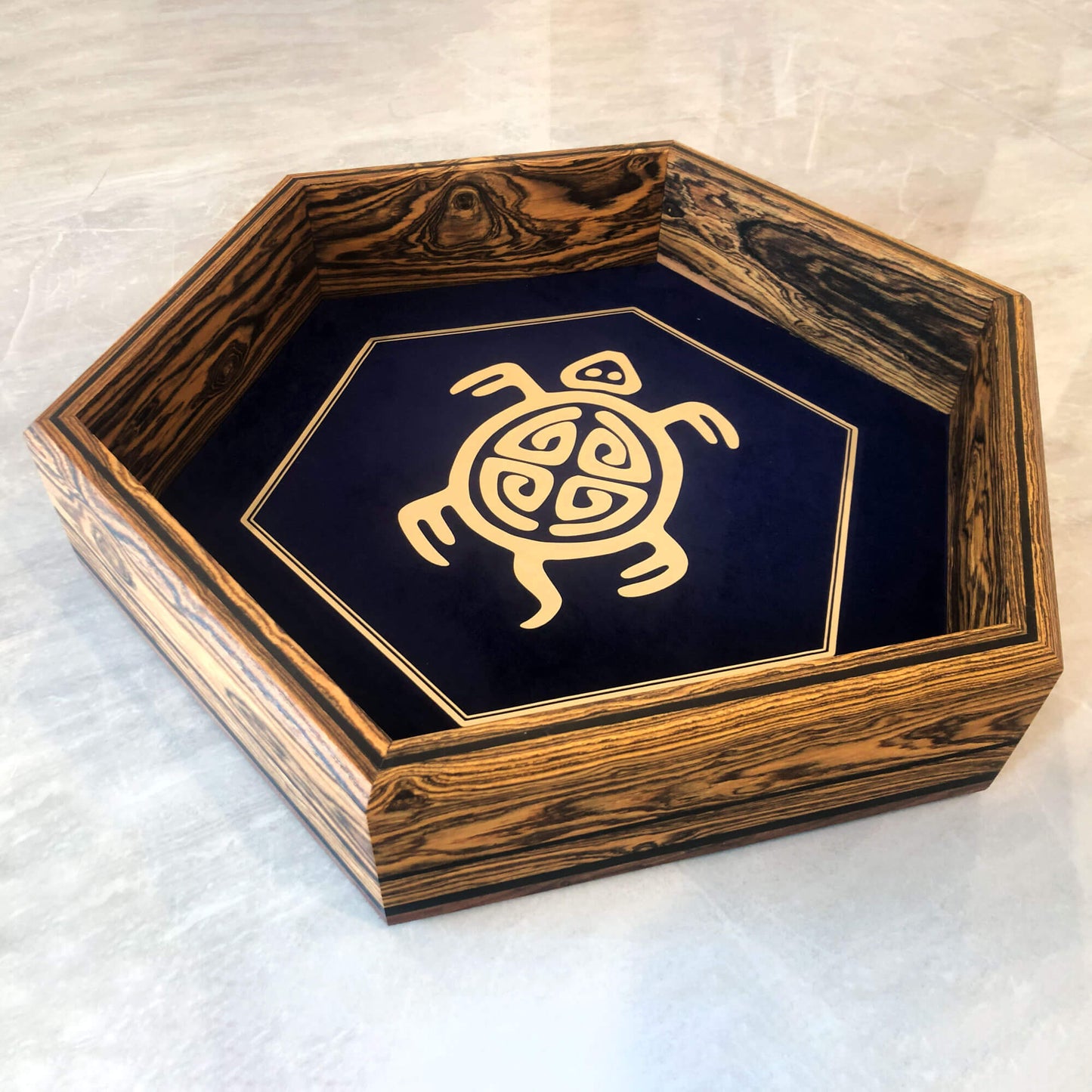 Customizable Regular Dice Tray from BlackBear Workshops - Spalted Maple - Turtle - Navy Velvet - Gold Vinyl