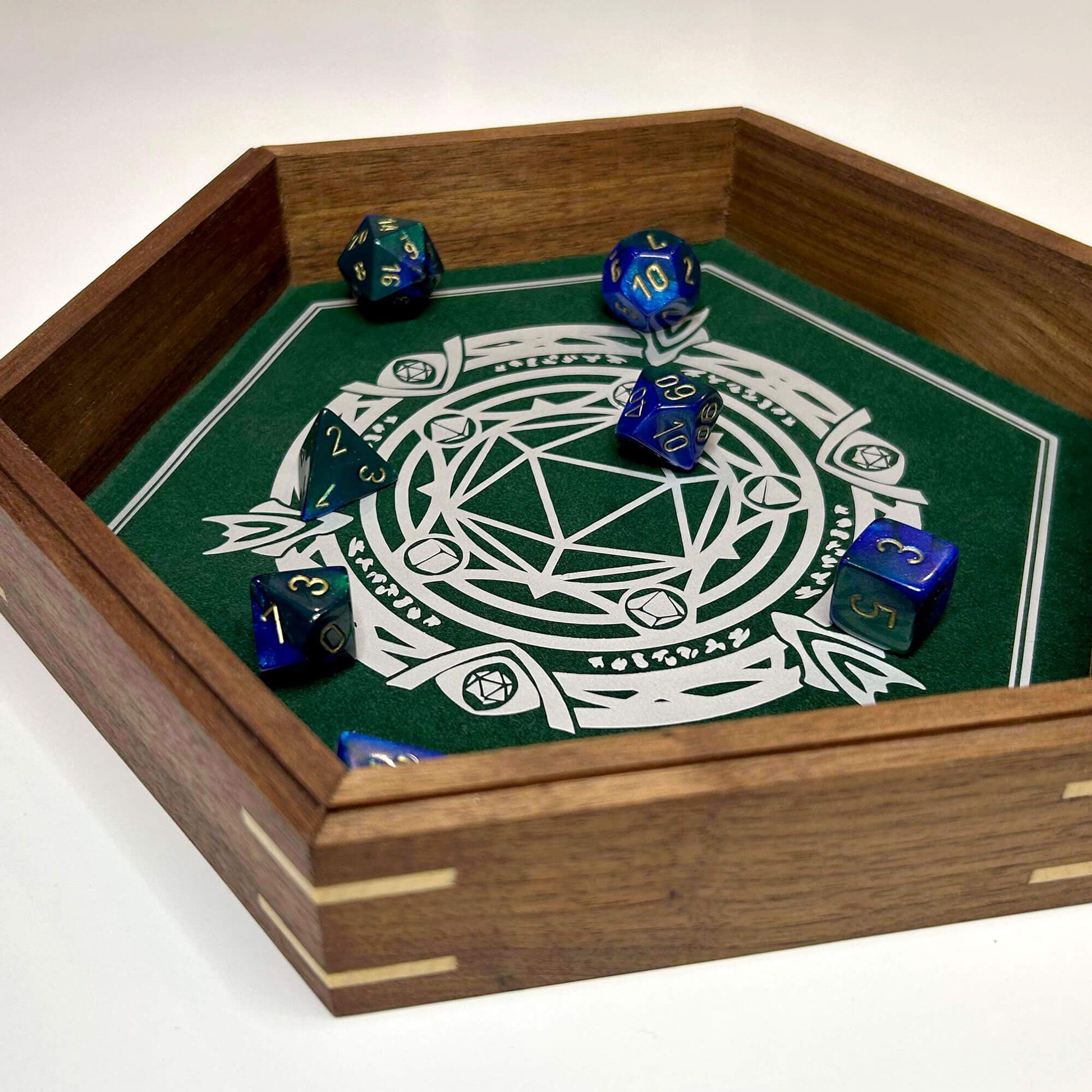 Customizable Regular Dice Tray from BlackBear Workshops - Walnut - Dragon - Green Velvet - Silver Vinyl