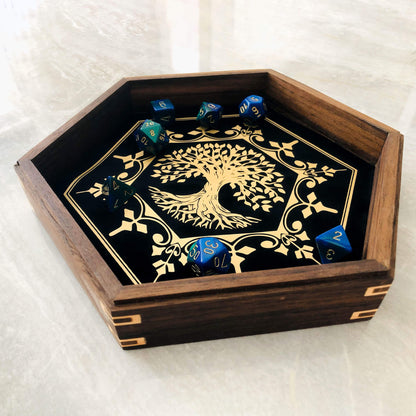 Customizable Regular Dice Tray from BlackBear Workshops - Walnut - Lifetree - Black Velvet  - Gold Vinyl