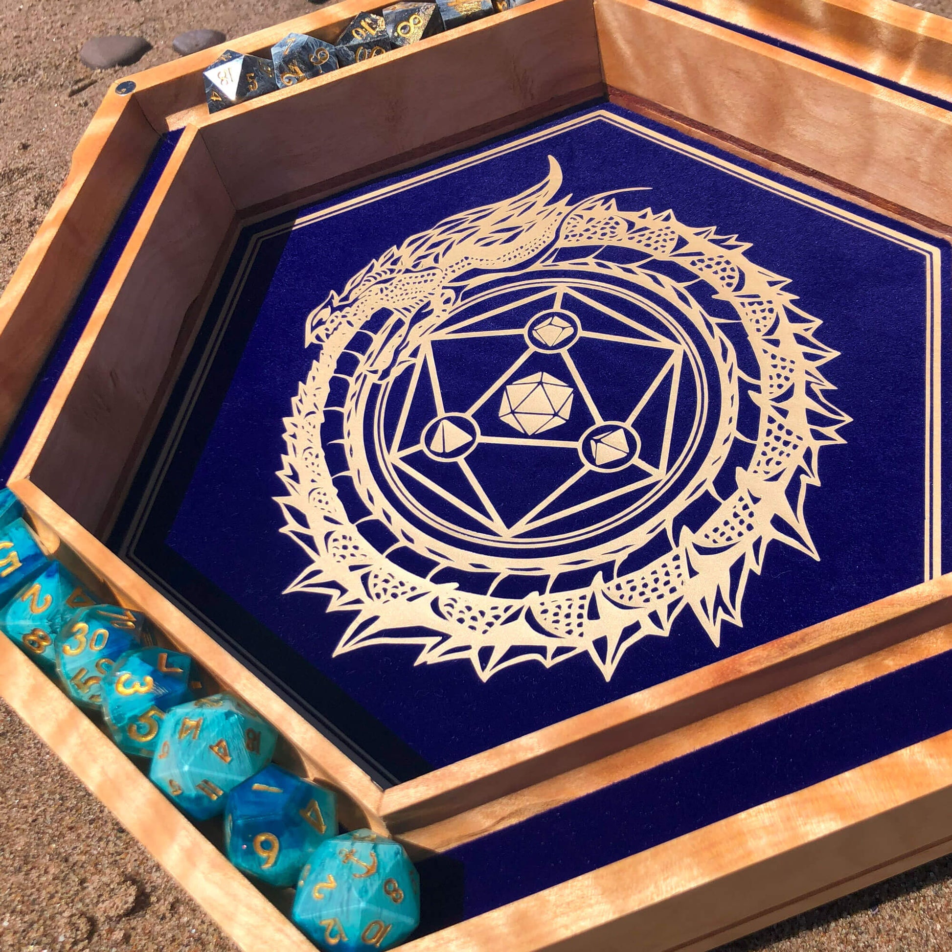 Customizable Gen4 Dice Box from BlackBear Workshops - Yellow Birch - Hondurian Mahogany - Cover - Premium Quality - Handcrafted - Royal Velvet - Dragon - Silver Vinyl