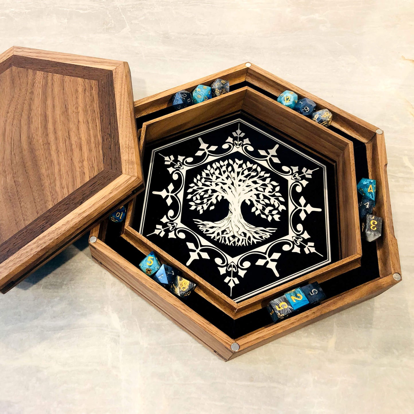 Customizable Gen4 Dice Box from BlackBear Workshops -Walnut - Tree of Life - Silver Vinyl - Black Velvet - Cover