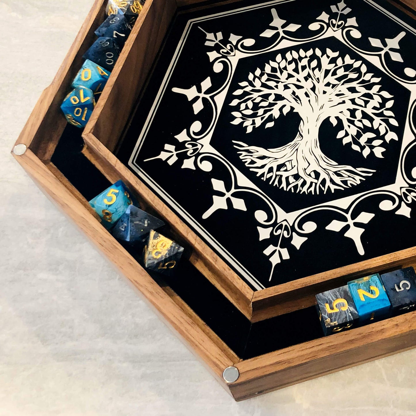 Customizable Gen4 Dice Box from BlackBear Workshops -Walnut - Tree of Life - Silver Vinyl - Black Velvet