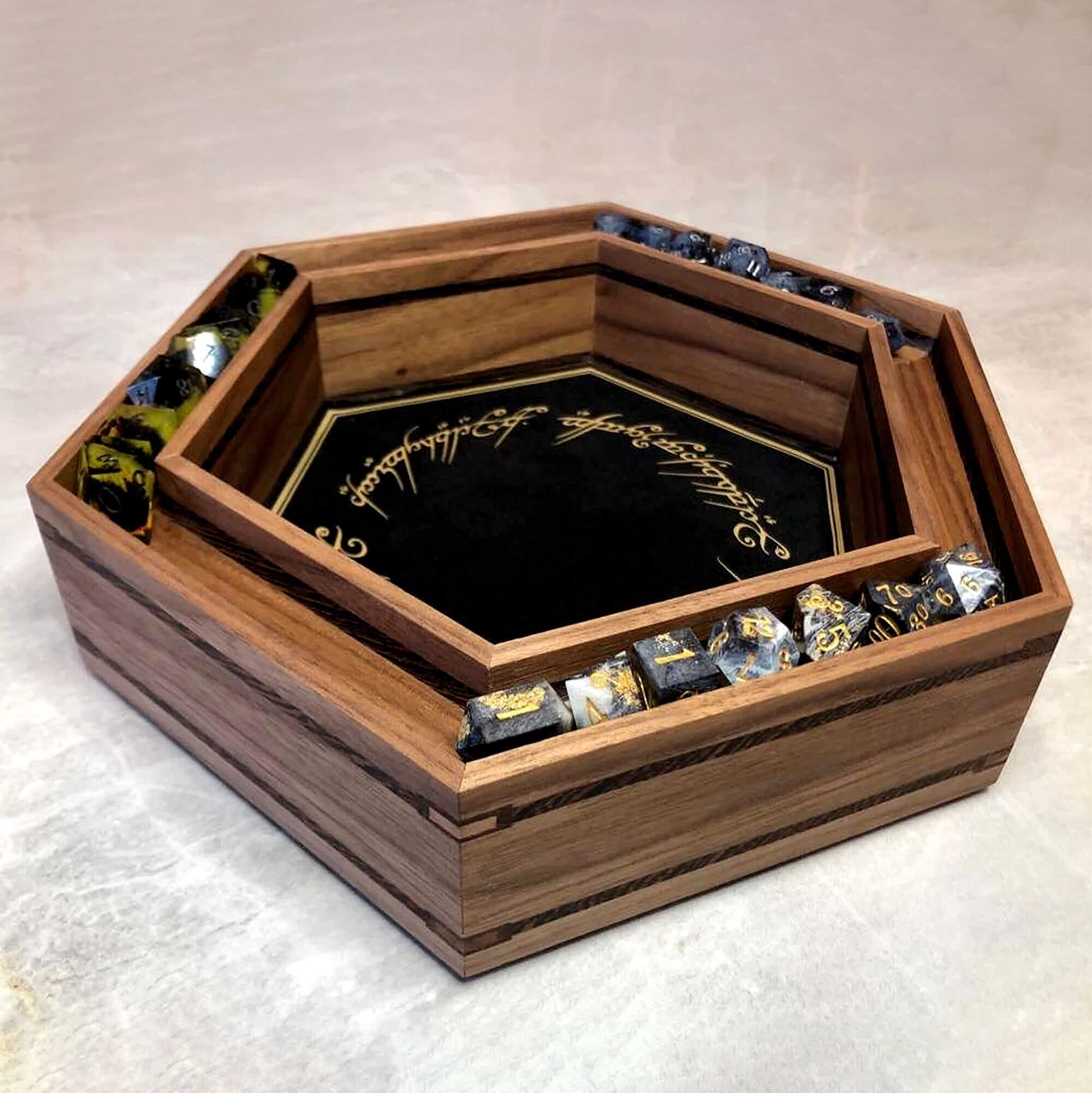 Customizable Gen2 Dice Tray from BlackBear Workshops - Premium Quality - Handcrafted in Canada - DND games - Wenge - Walnut - Black Velvet - Lord of the Rings - Gold Vinyl